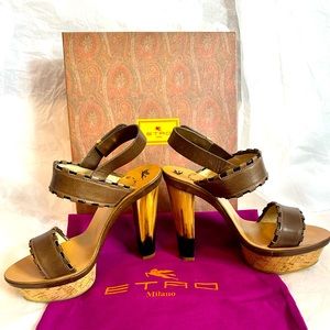 Etro Wooden Brown Leather Platform Sandals Size 39 (US 8-8.5), Unique Fun Look🔥